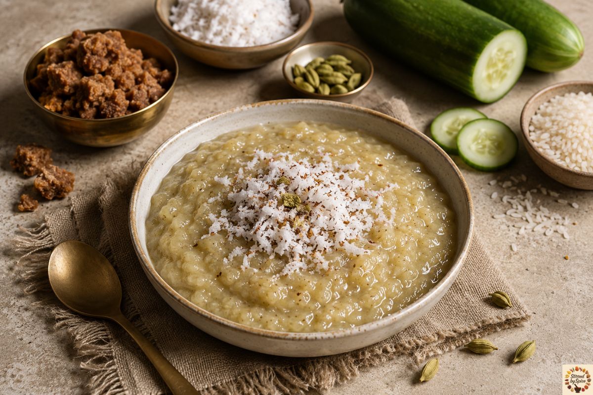 Traditional Mangalorean Thekkare Manni served in a ceramic bowl, garnished with freshly grated coconut and cardamom, surrounded by cucumber, jaggery, rice, and coconut on a warm neutral kitchen countertop.