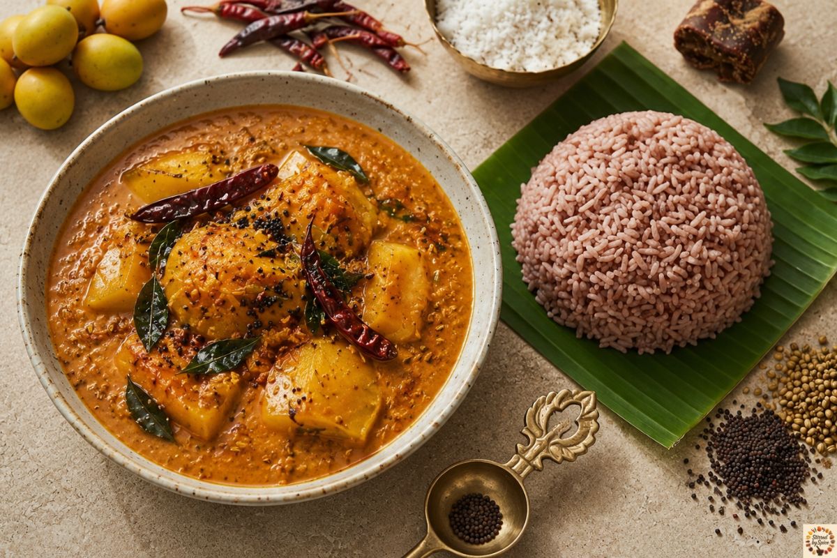 Traditional Mangalorean Mango Menaskai served with ripe mangoes in a roasted coconut curry alongside steaming parboiled rice.
