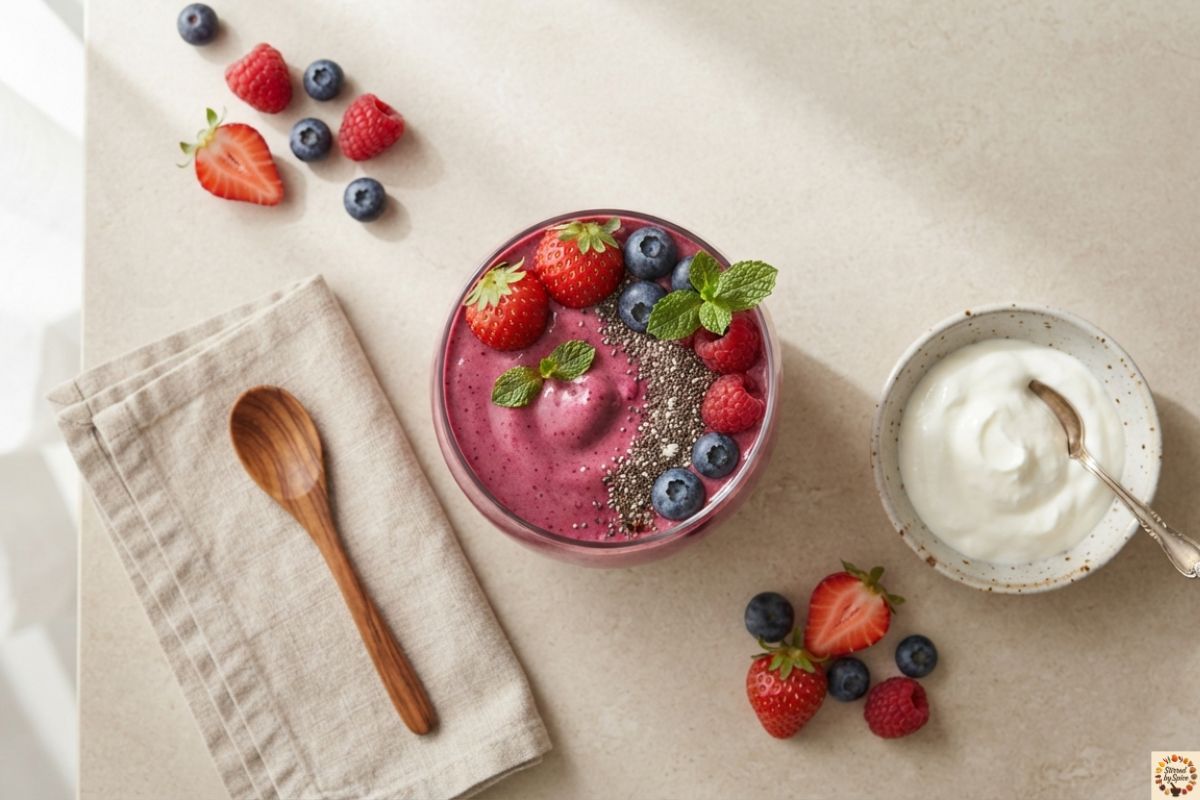 Creamy berry yogurt smoothie garnished with fresh berries and chia seeds.