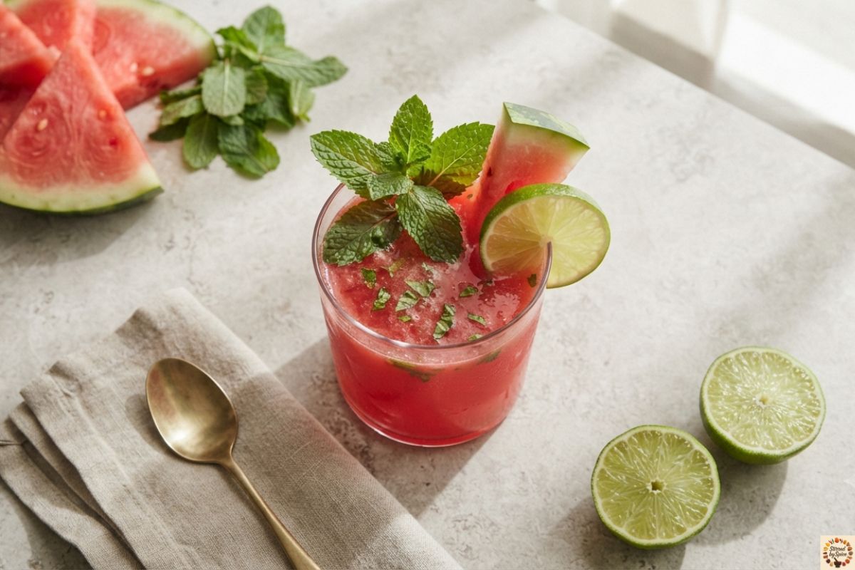 Glass of fresh Watermelon Mint Cooler made with ripe watermelon, mint leaves, lime juice, and ice, served as a refreshing Indian-inspired summer drink.