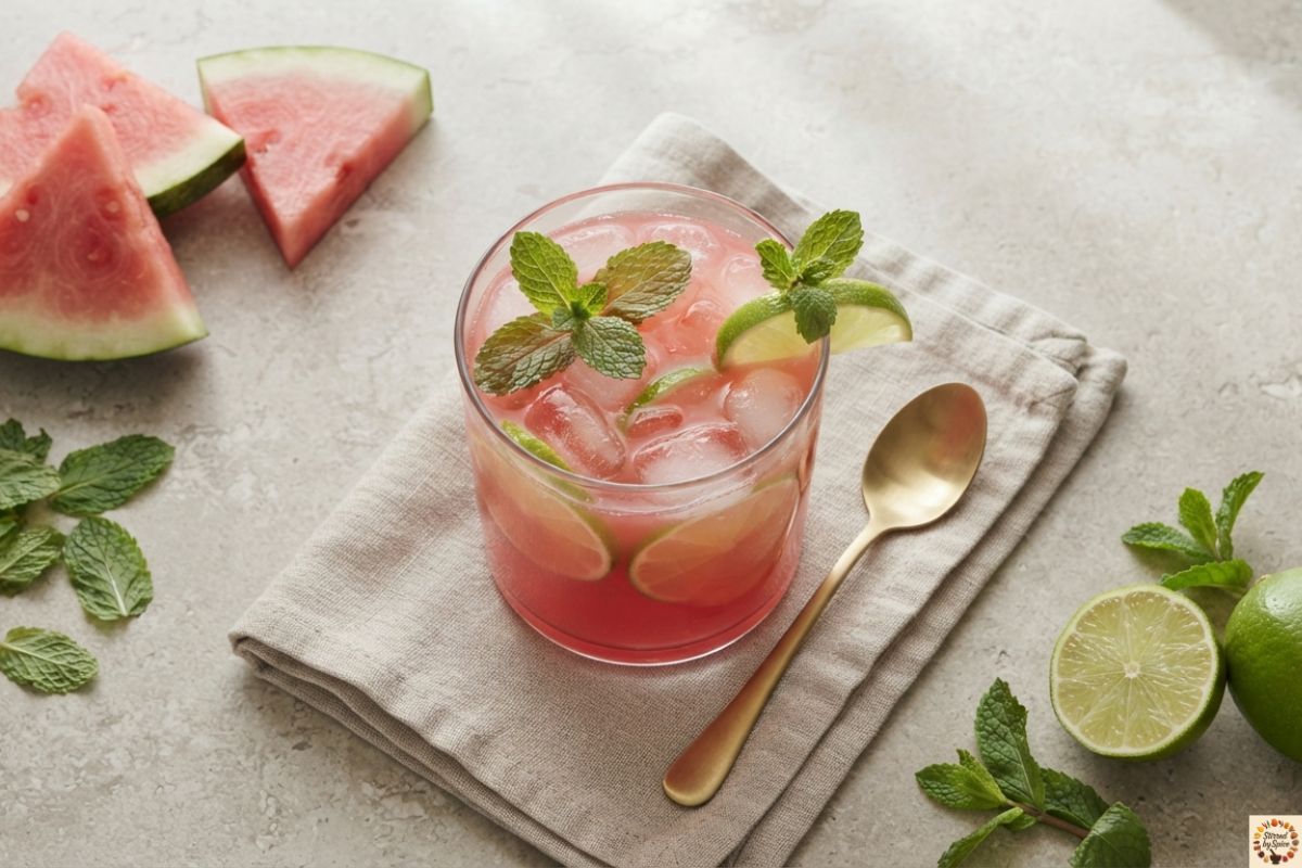 Glass of Watermelon Lime Agua Fresca made with fresh watermelon, lime juice, and mint served over ice on a neutral countertop.