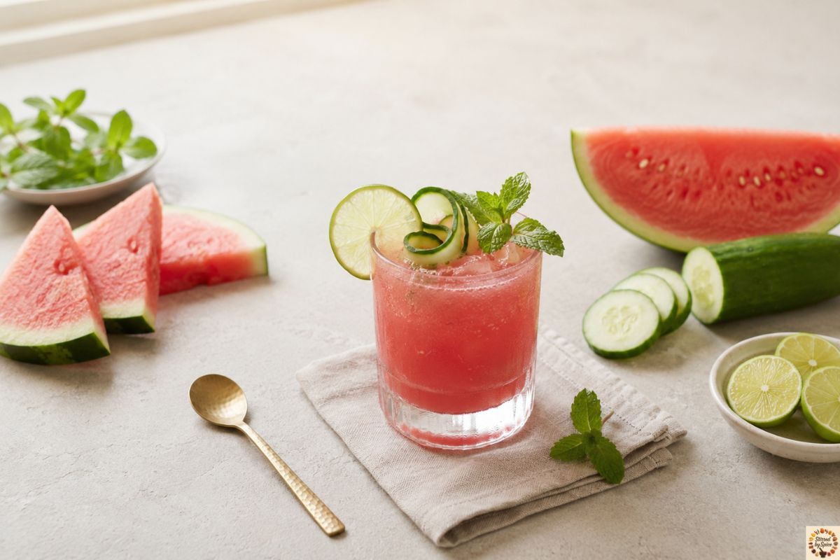 Glass of Watermelon Lime Agua Fresca made with fresh watermelon, lime juice, and mint served over ice on a neutral countertop.