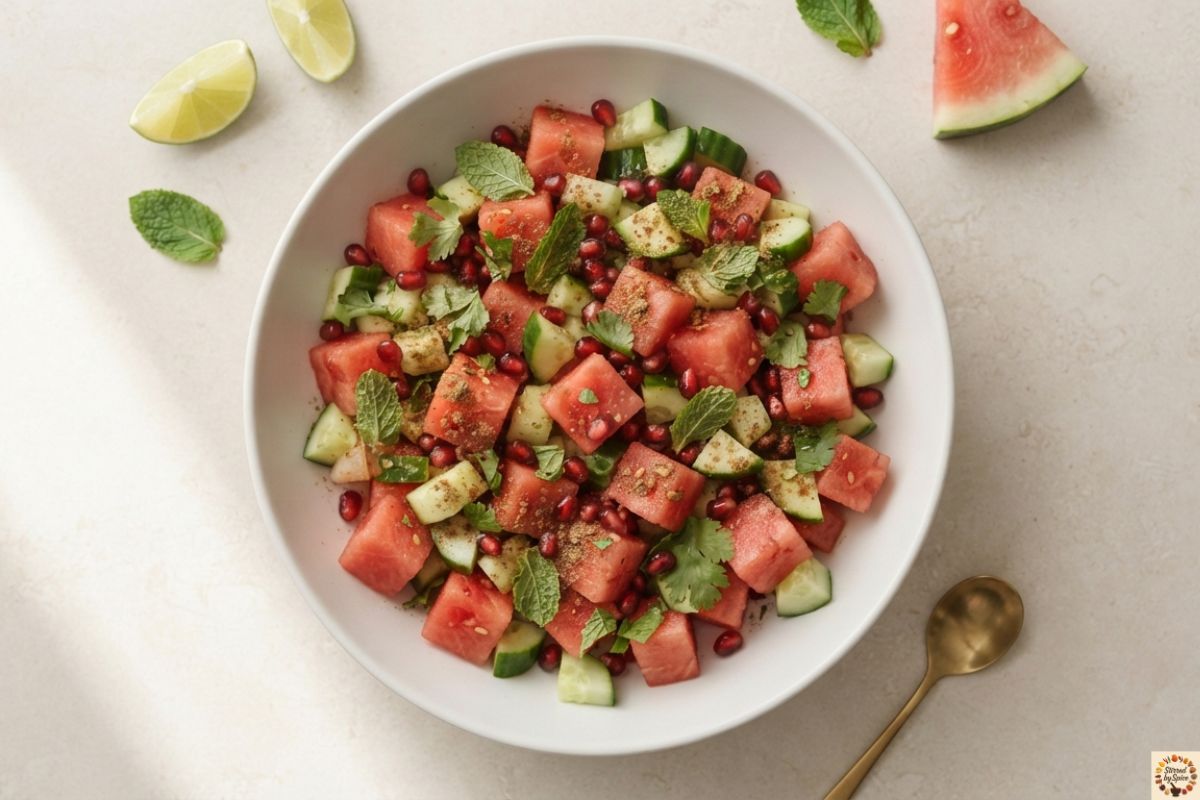 Glass of Watermelon Lime Agua Fresca made with fresh watermelon, lime juice, and mint served over ice on a neutral countertop.