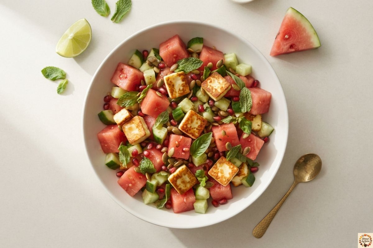 Glass of Watermelon Lime Agua Fresca made with fresh watermelon, lime juice, and mint served over ice on a neutral countertop.