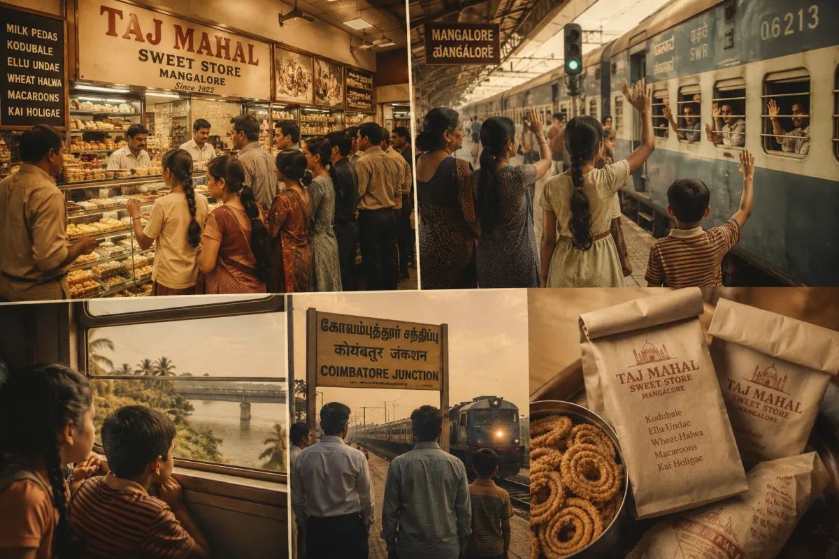 Children waving goodbye from Mangalore railway station beside Taj Mahal Sweet Store before returning home to Coimbatore with packets of traditional Mangalorean sweets and Kodubale.