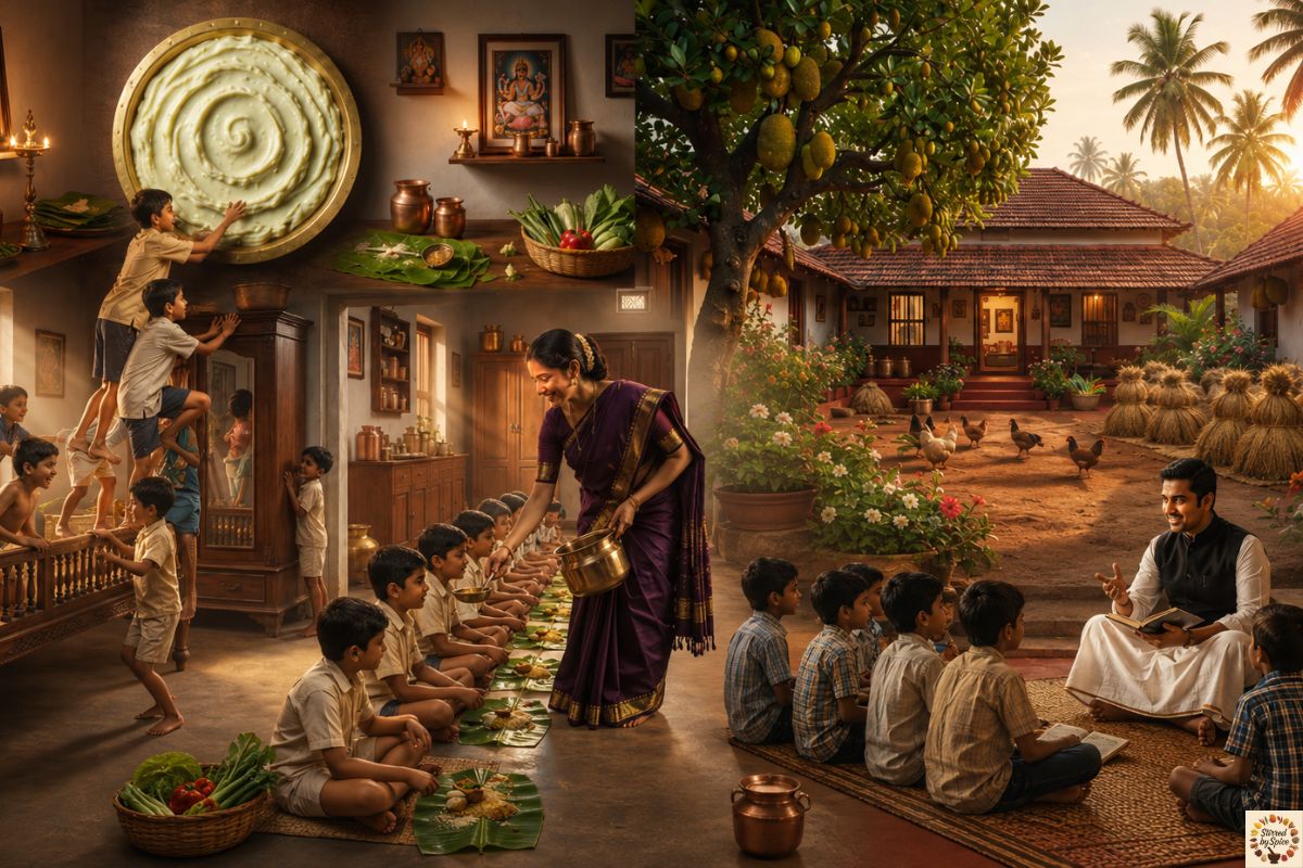 Young boys gathered in a traditional Mangalorean village home while a smiling grandmother serves food and a grandfather teaches students, celebrating hospitality, family, and Thekkare Manni memories.