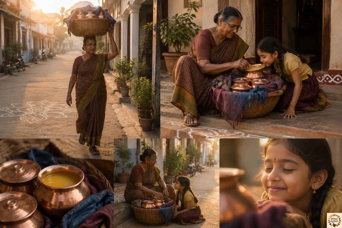 A village woman walks through a quiet South Indian town at sunrise carrying a woven basket filled with warm copper vessels of freshly made homemade ghee balanced on her head.