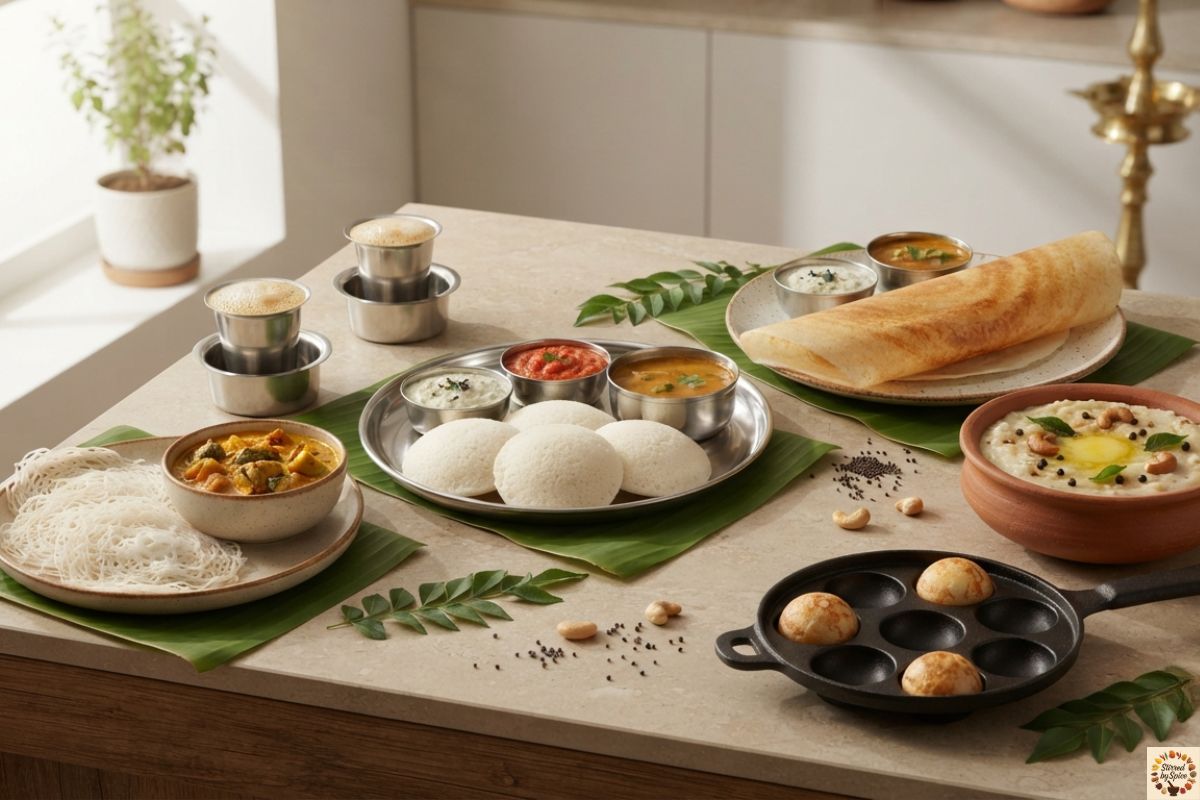 Traditional South Indian breakfast spread featuring idli, dosa, pongal, paniyaram, idiyappam, chutneys, sambar, and filter coffee.
