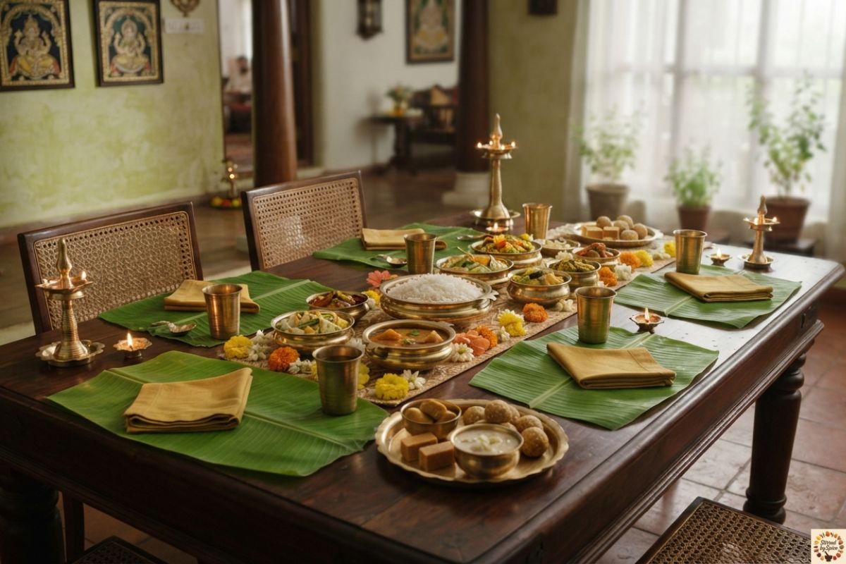 South Indian festive table with traditional dishes served as a celebratory meal
