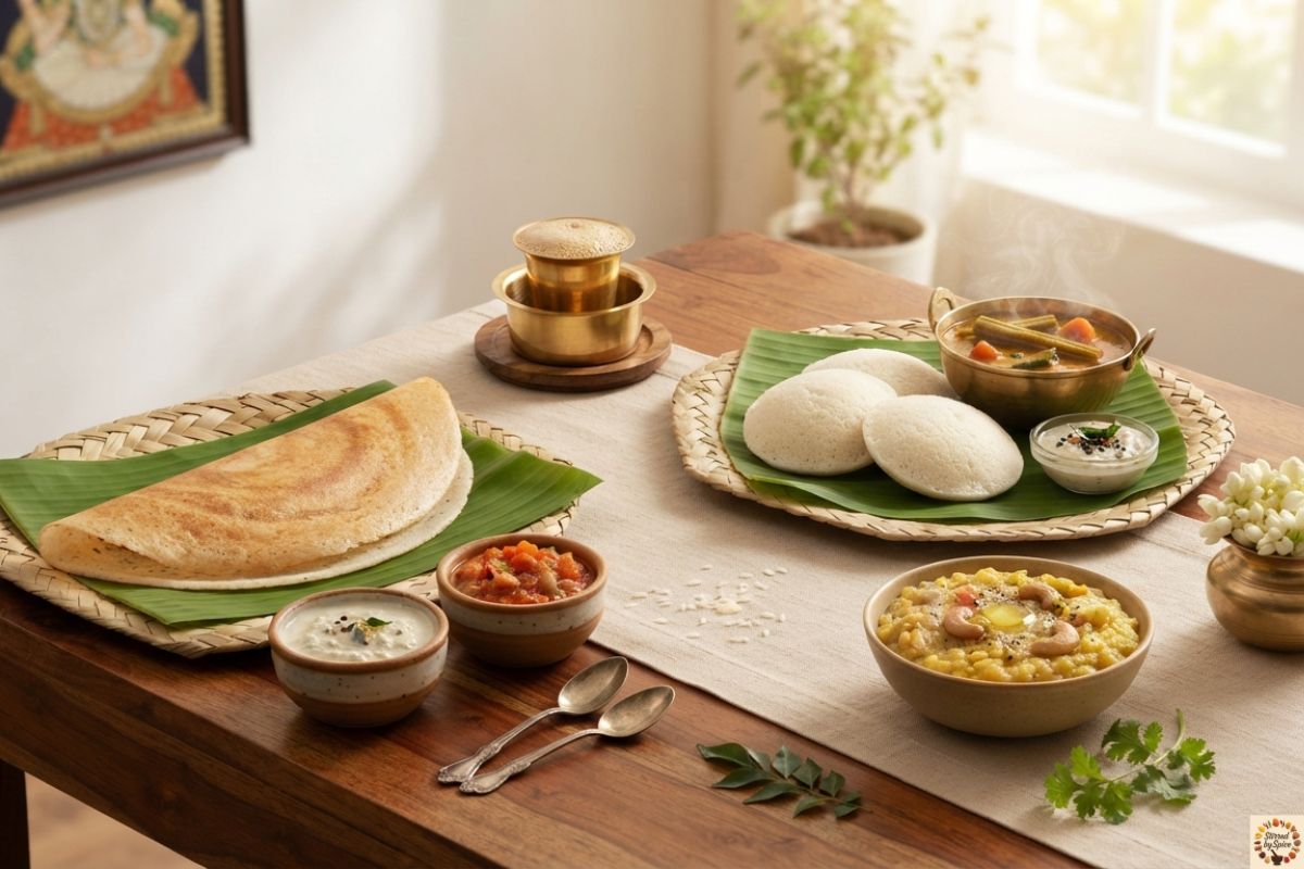 Traditional South Indian breakfast spread featuring idli, dosa, pongal, paniyaram, idiyappam, chutneys, sambar, and filter coffee.