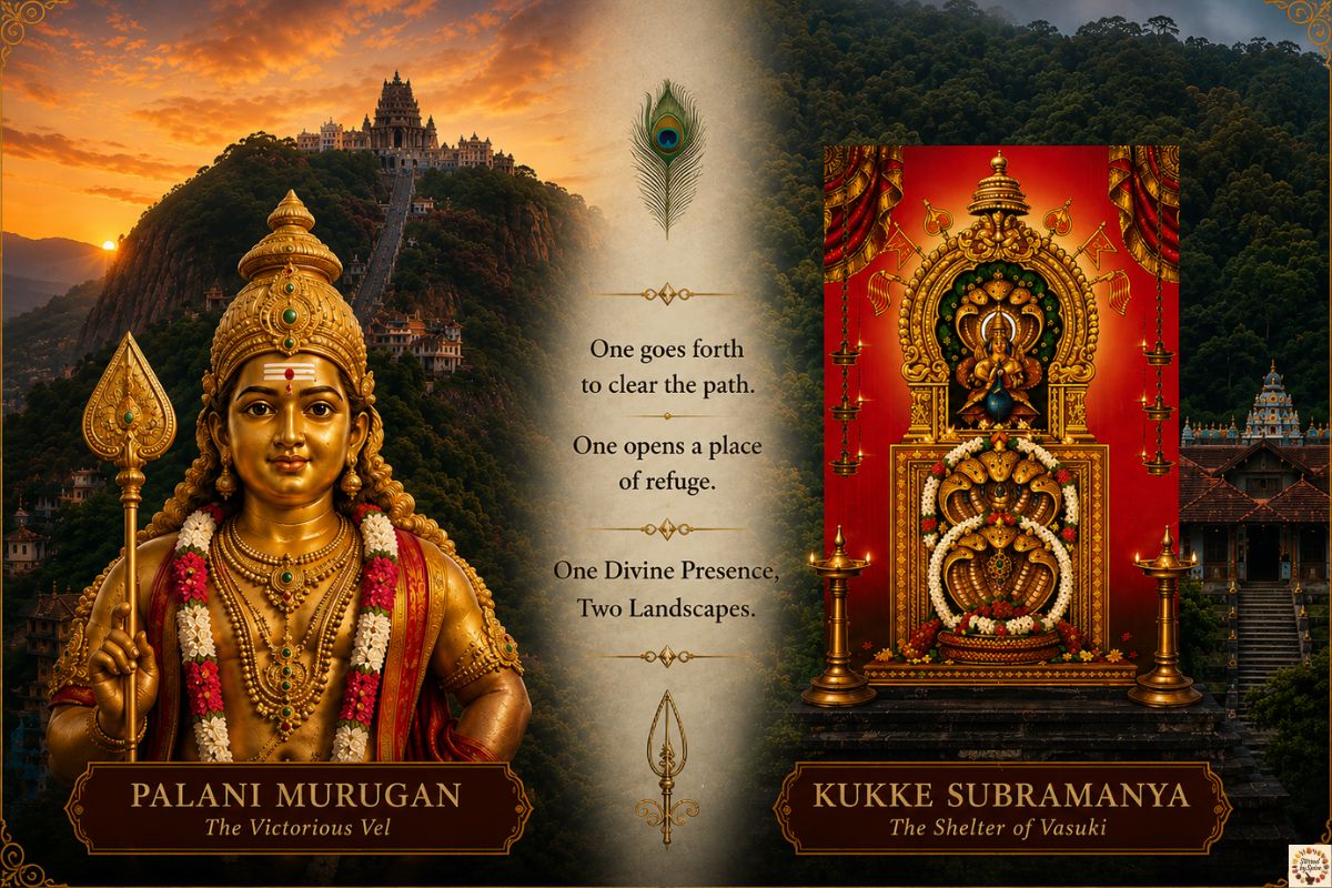 Palani Murugan with the victorious Vel beside Kukke Subramanya and Vasuki, representing two expressions of divine protection in South Indian tradition.