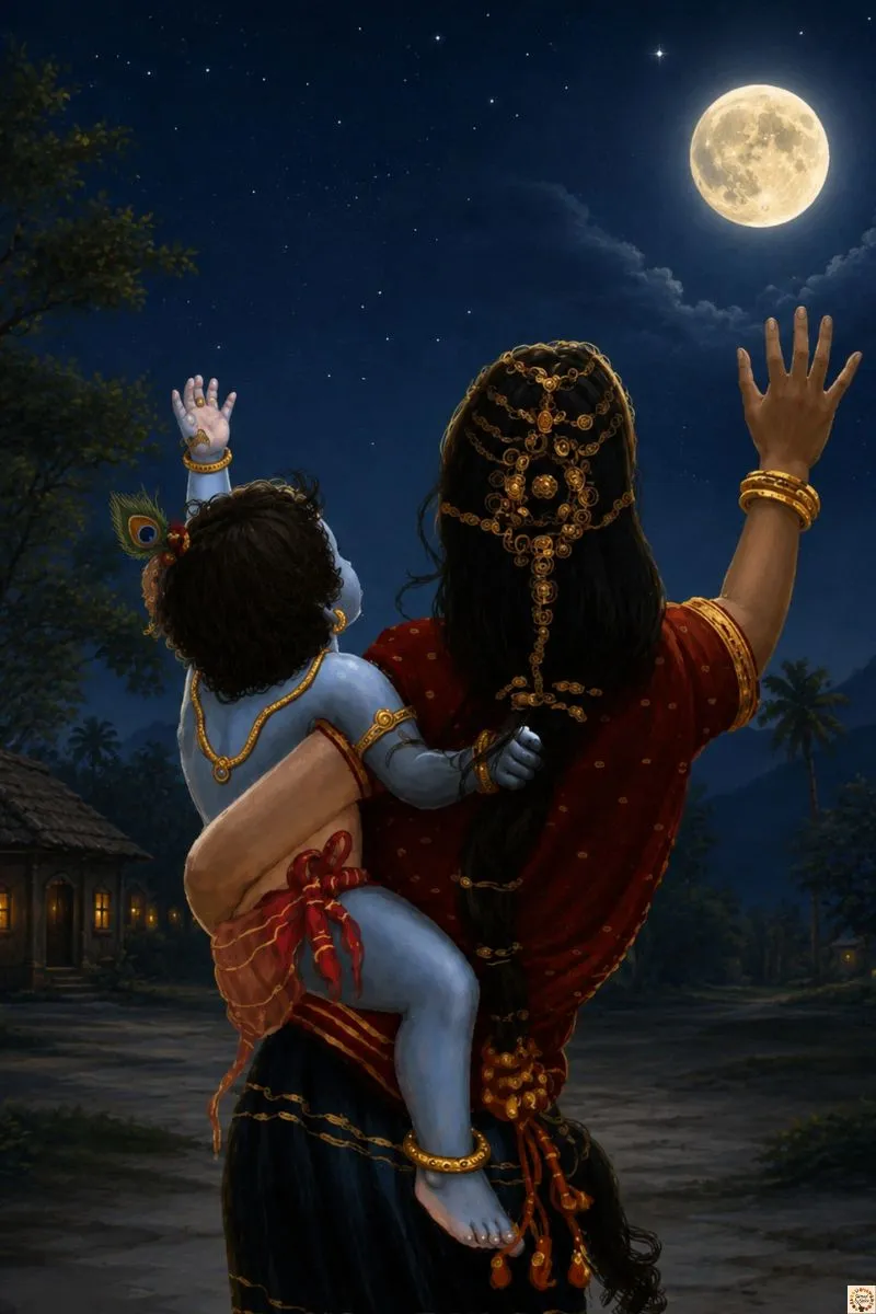 Yashoda carrying baby Krishna under the moonlight on Janmashtami