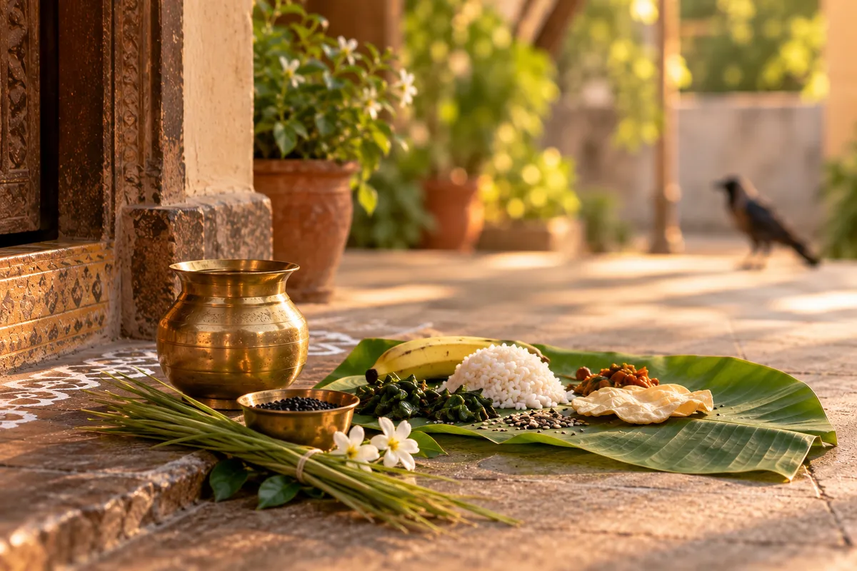 A village woman walks through a quiet South Indian town at sunrise carrying a woven basket filled with warm copper vessels of freshly made homemade ghee balanced on her head.