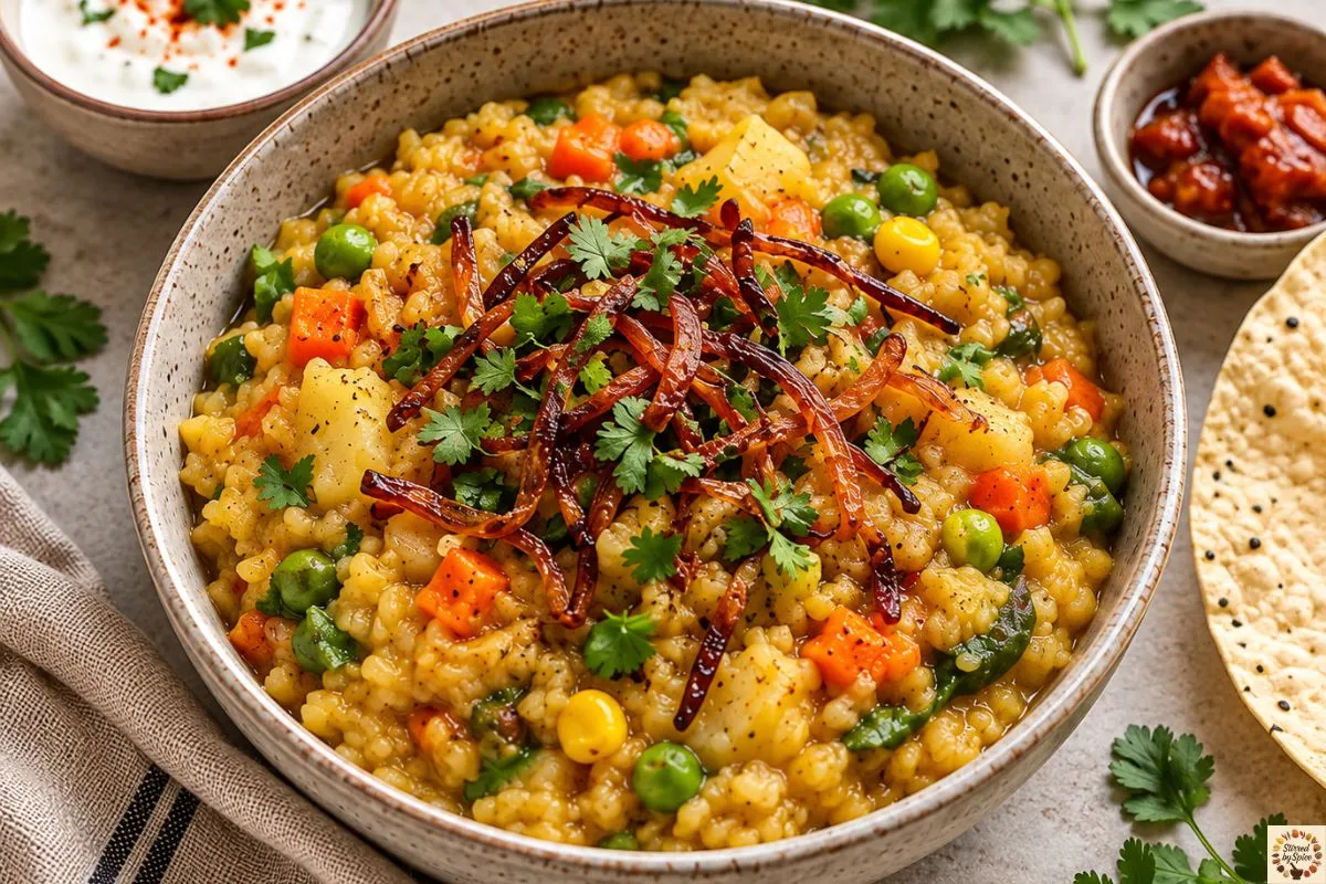 Mixed dal khichdi with rice, moong dal, masoor dal, mixed vegetables, fried onions and cilantro.
