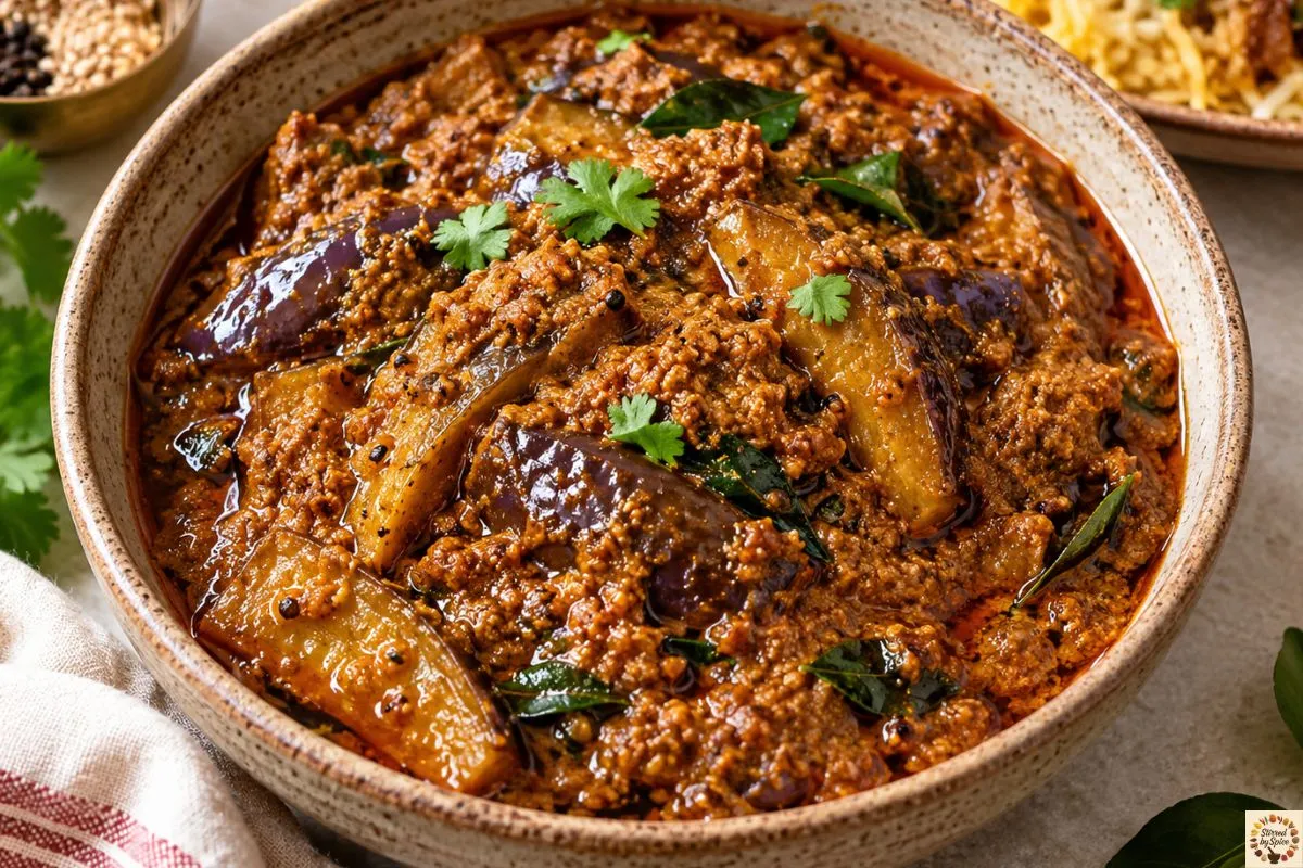 Tender brinjal simmered with tamarind, peanuts & sesame into a rich, deeply spiced curry.