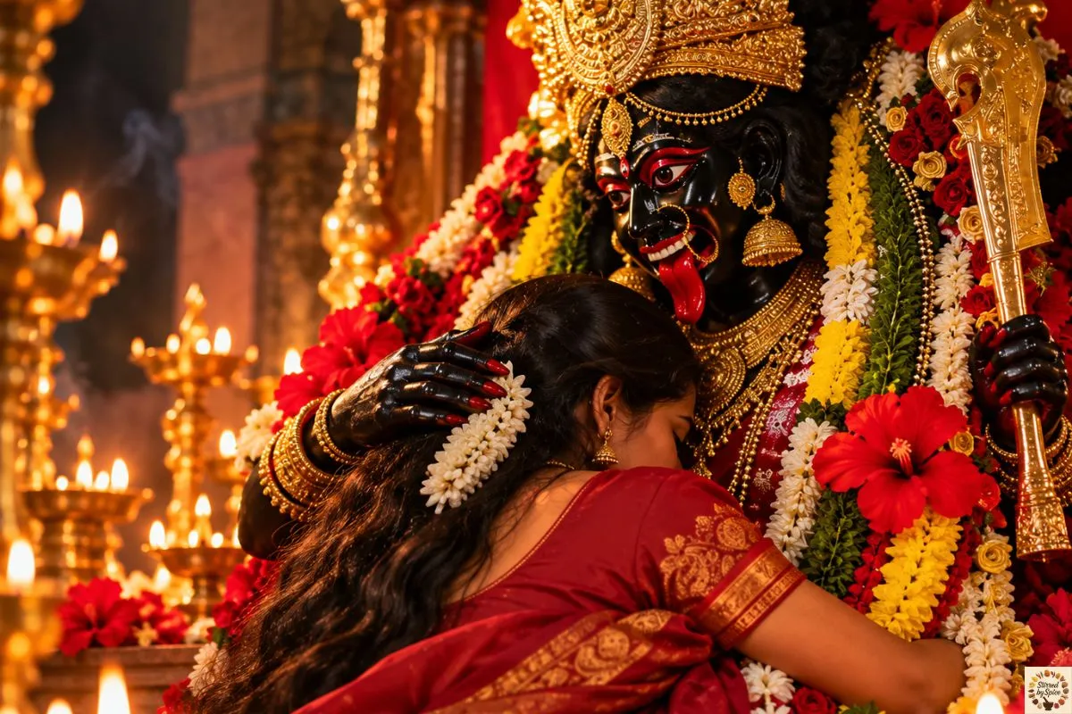 A woman held in Maa Kali's protective embrace, symbolizing the safety and fierce love of the Divine Mother.