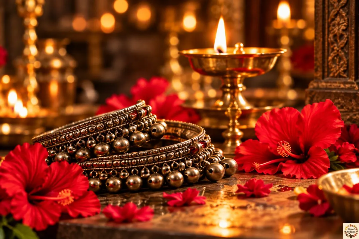 Traditional anklets beside red hibiscus flowers and a glowing temple lamp, symbolizing a childhood fear transformed into divine protection.