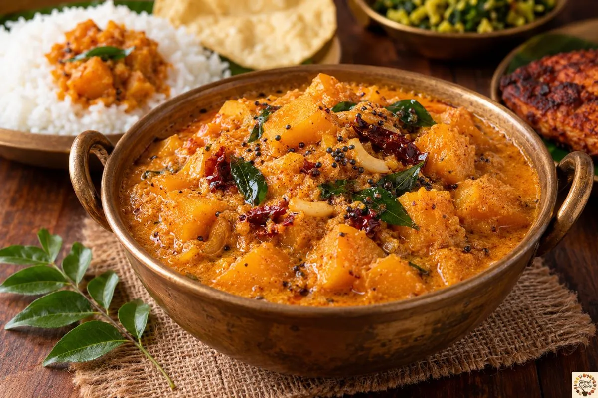 Mangalorean Pumpkin Khoddel with roasted coconut, tamarind, curry leaves and mustard seeds, served with rice and papad.