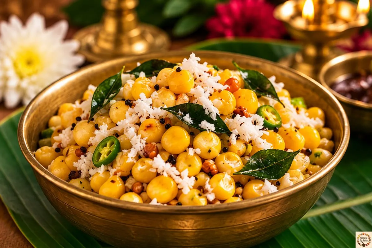 Sweet corn sundal with golden corn kernels, toasted lentils, curry leaves, green chilies and shredded coconut, prepared as Navaratri naivedyam.
