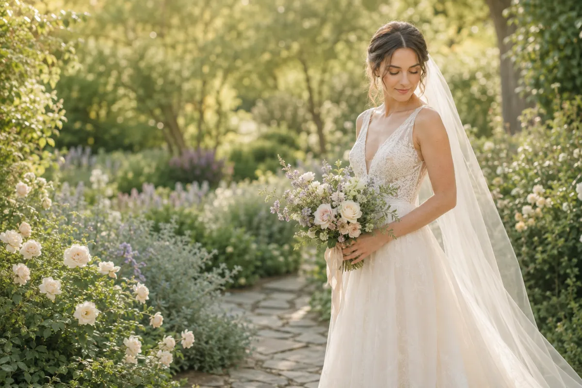 Bride holding a bouquet in a romantic garden wedding setting