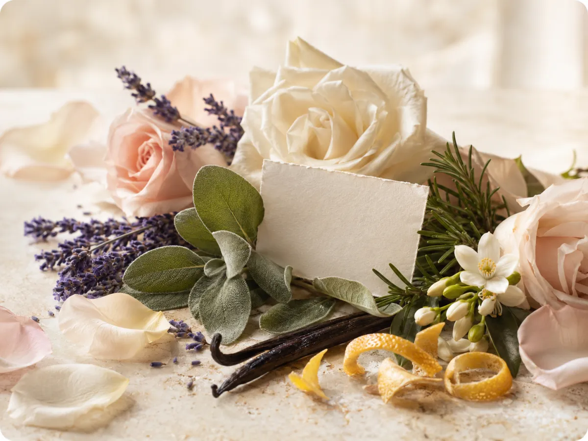 Roses, lavender, herbs, vanilla and citrus arranged as fragrance notes