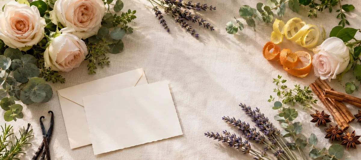 Beautiful arrangement of flowers, botanicals, linen, and cinnamon sticks symbolizing the power of fragrance to create lasting memories and meaningful moments.