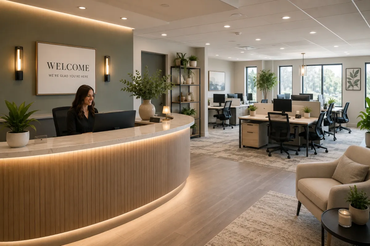 Elegant business reception area styled to create a warm and welcoming experience for clients