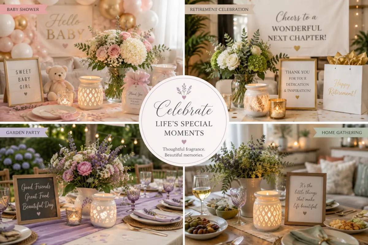 Collage of bridal shower, retirement celebration, garden party and celebration at home