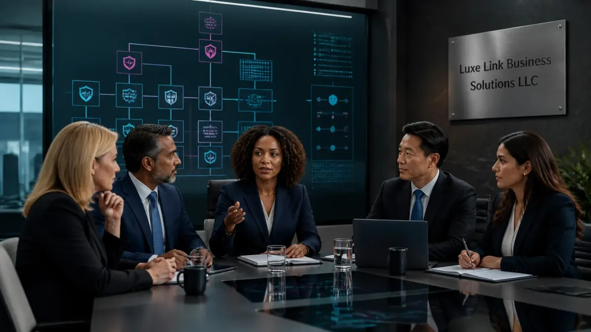 group of executives in a board room discussing strategy 