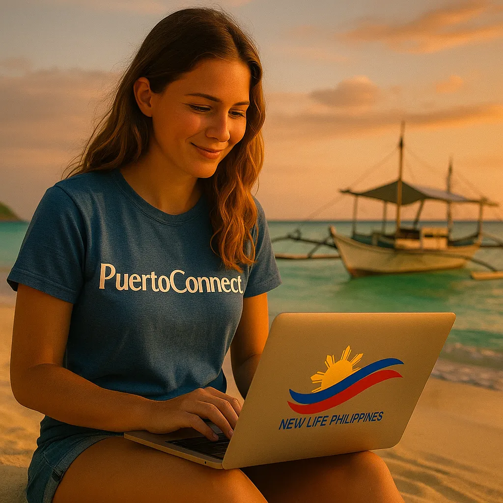 New Life Philippines Digial Nomad Girl on the Beach with Laptop, sunset in the philippines, Bangka in the Background