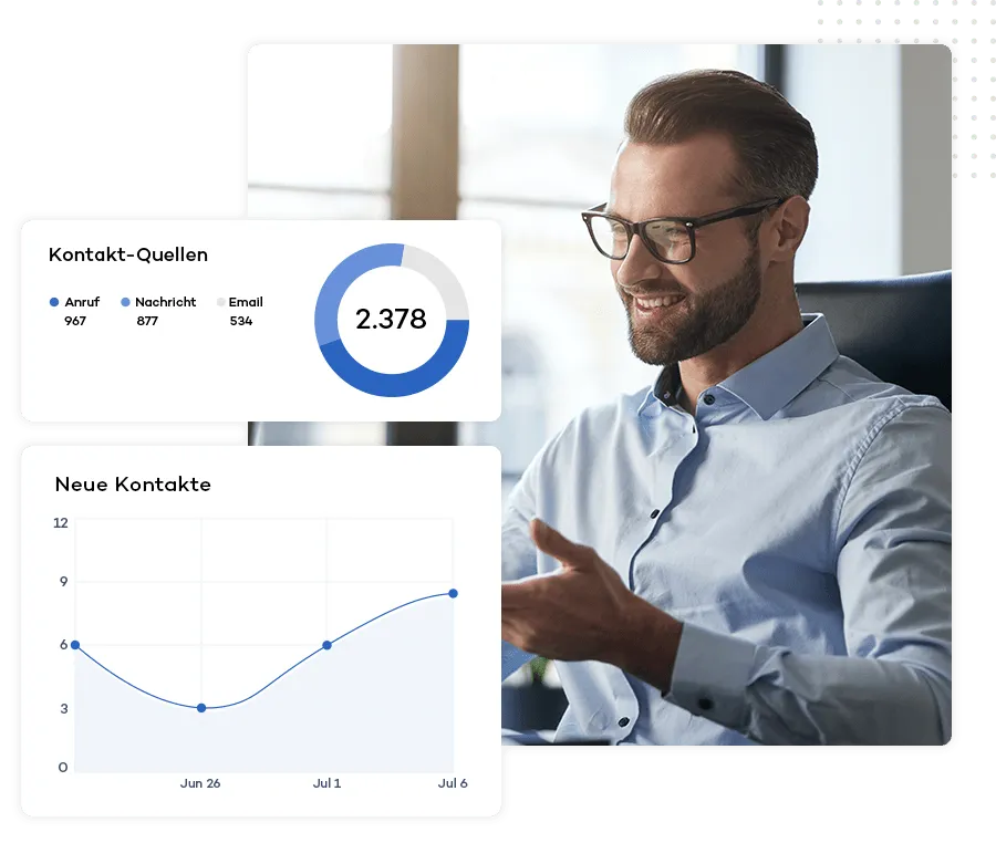 Business man is happy about analytic tools