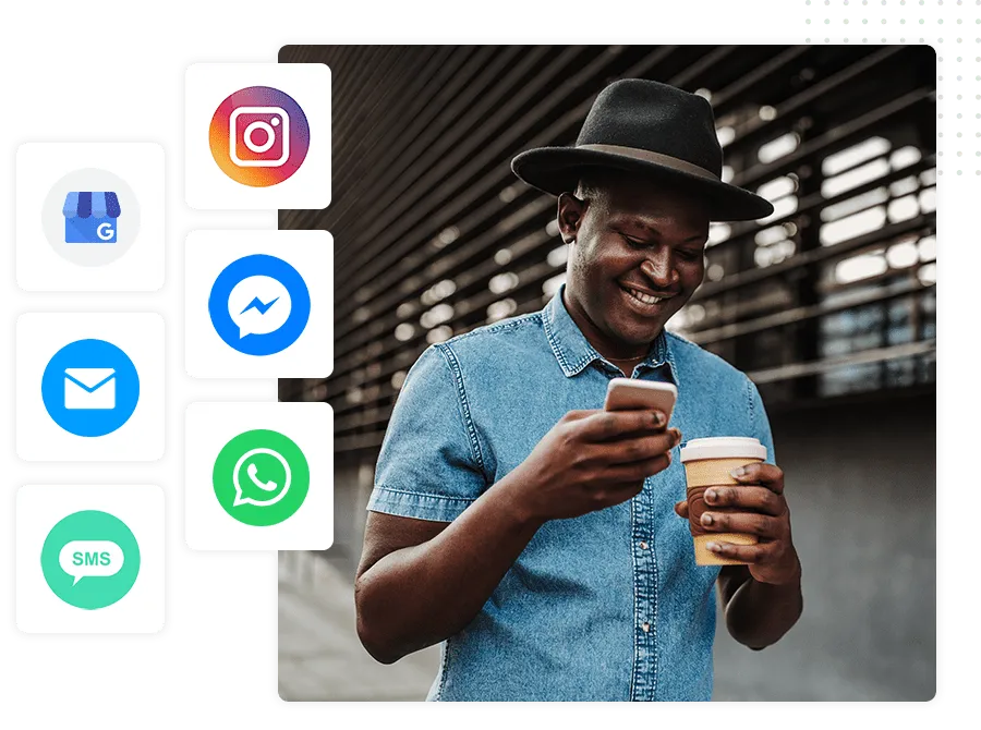 Happy business man looking at phone, Instagram, Messenger, WhatsApp, SMS, Email and Google My Business Icons