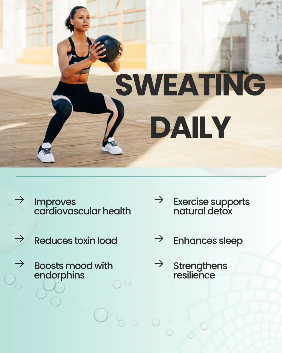 Woman exercising with a medicine ball. Benefits of sweating daily.