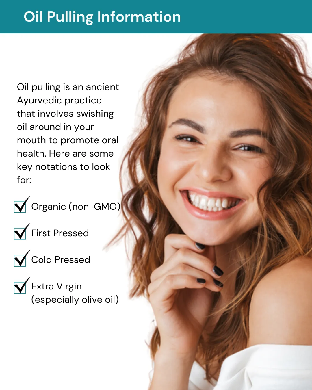 Smiling woman promoting oil pulling with health benefits.