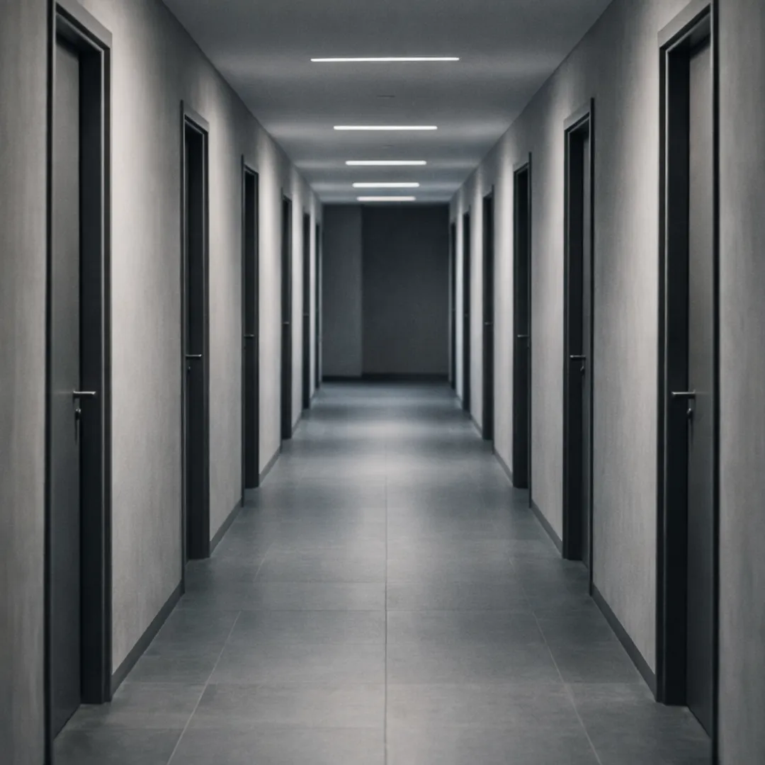 Symmetrical corridor with identical doors representing structured entry into a system without clear direction