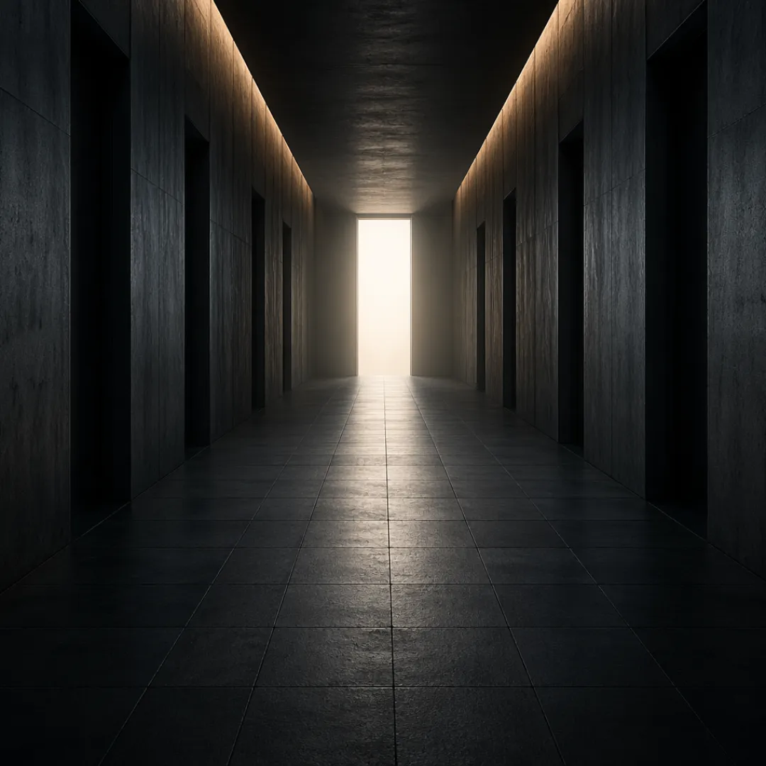 Dark corridor representing decision paths and risk in professional recommendations