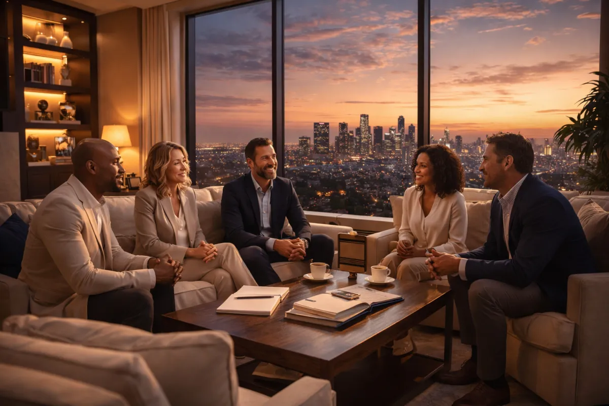 Small group of professionals gathered in an elegant living room discussing goals and growth in a supportive environment