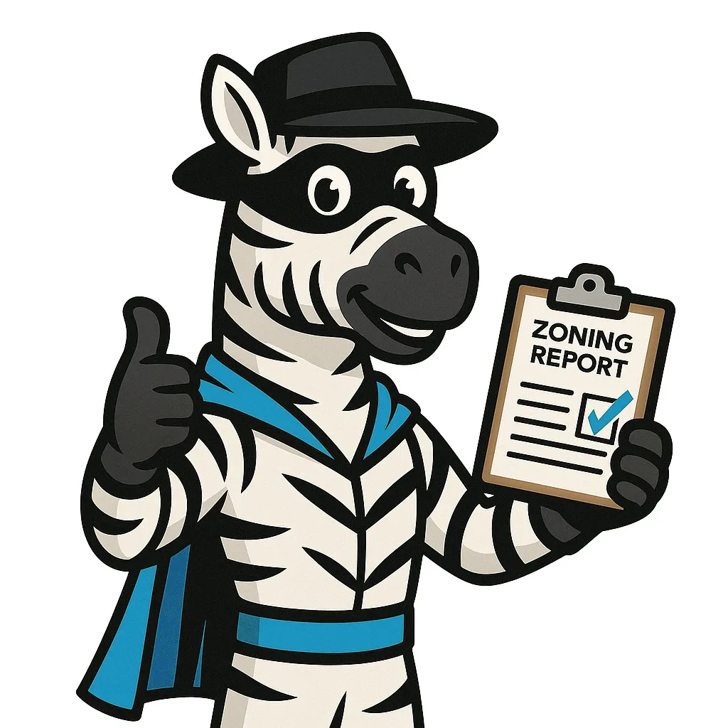 Zorro the Zoning Zebra with hat and mask like Zorro and holding a zoning report.