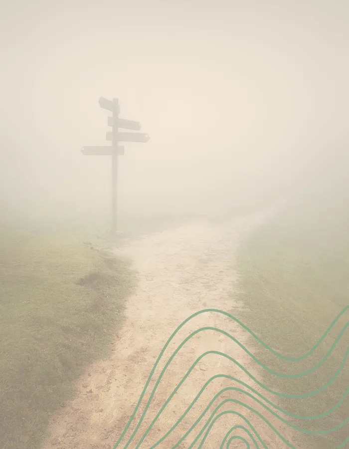 A foggy path at a crossroads symbolizing life direction and clarity