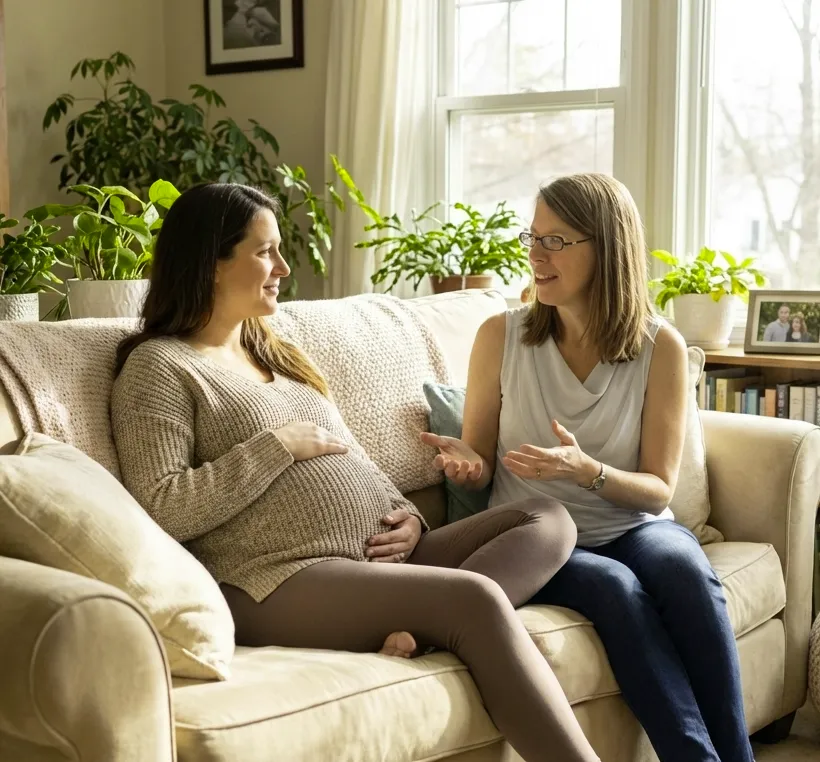 A doula and expectant parent having a friendly video consultation on a laptop. The doula is smiling, taking notes, and the parent looks reassured. The background shows a tidy workspace with plants and soft lighting, emphasizing approachability and professionalism.