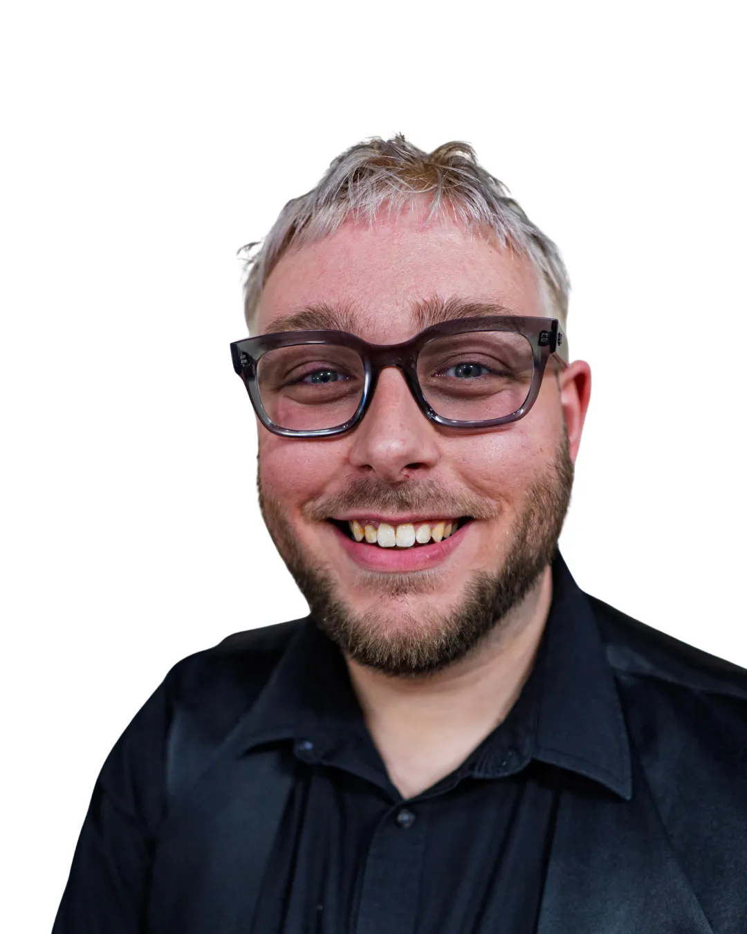 Head shot of salon owner and stylist rob brown with blonde hair wearing black and a scissor earring 