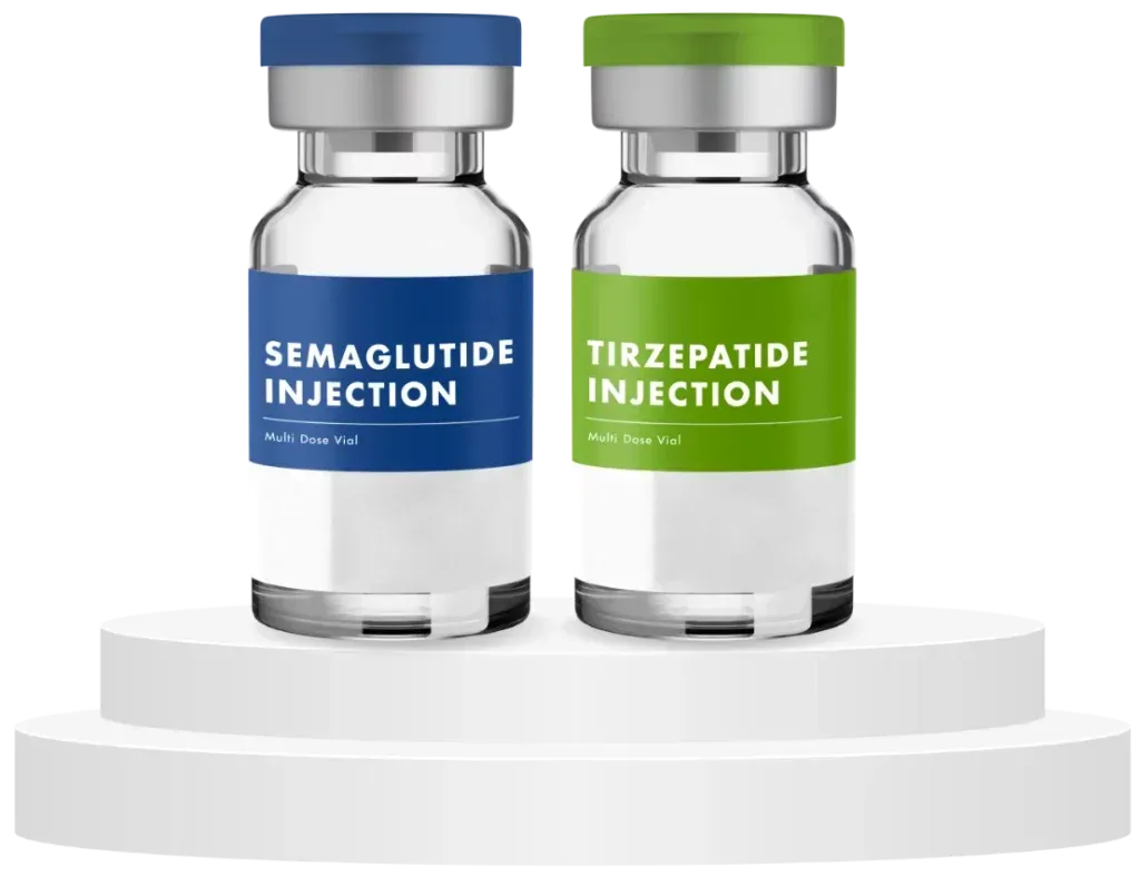 Medication vials representing private, 100% online care