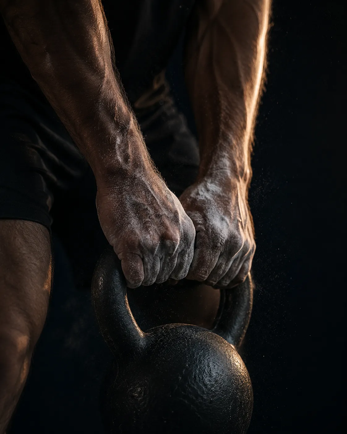Chalked grip on a kettlebell