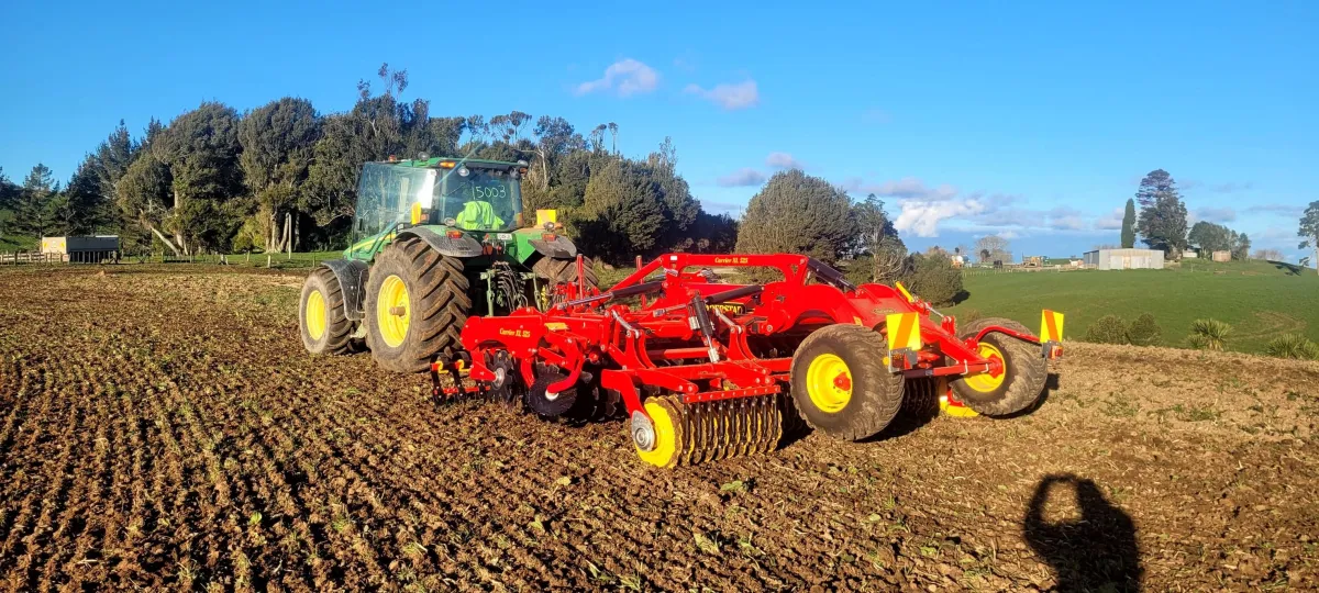 A&L Contracting NZ’s tractor with disc implement for ground preparation in Taranaki