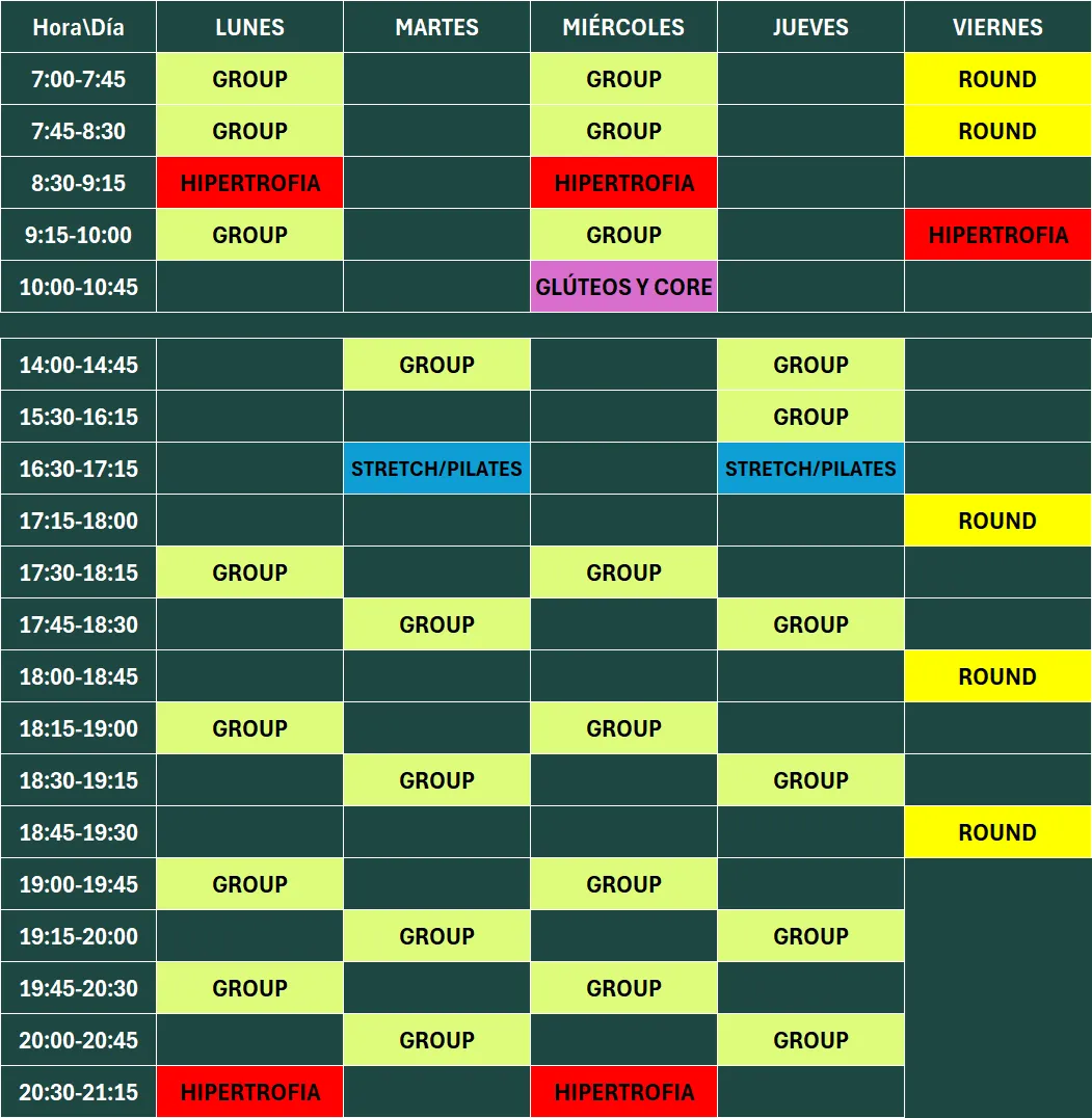 tabla con horario de clases del centro