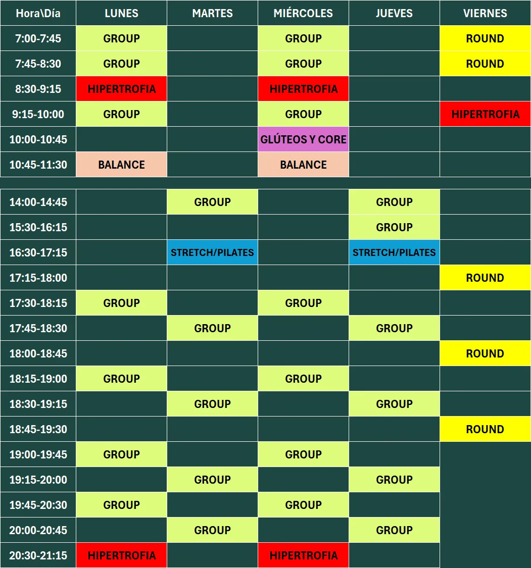 tabla con horario de clases del centro