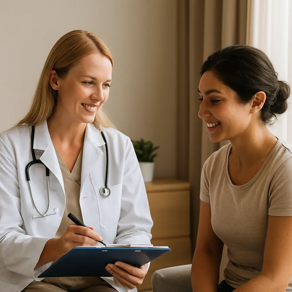 Postpartum mother and surgeon discuss a coordinated mommy-makeover schedule and surgical plan, illustrating healing once instead of multiple recoveries.