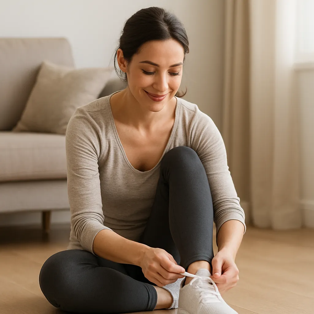 Postpartum mom tying sneaker, showing restored comfort and mobility after a mommy makeover