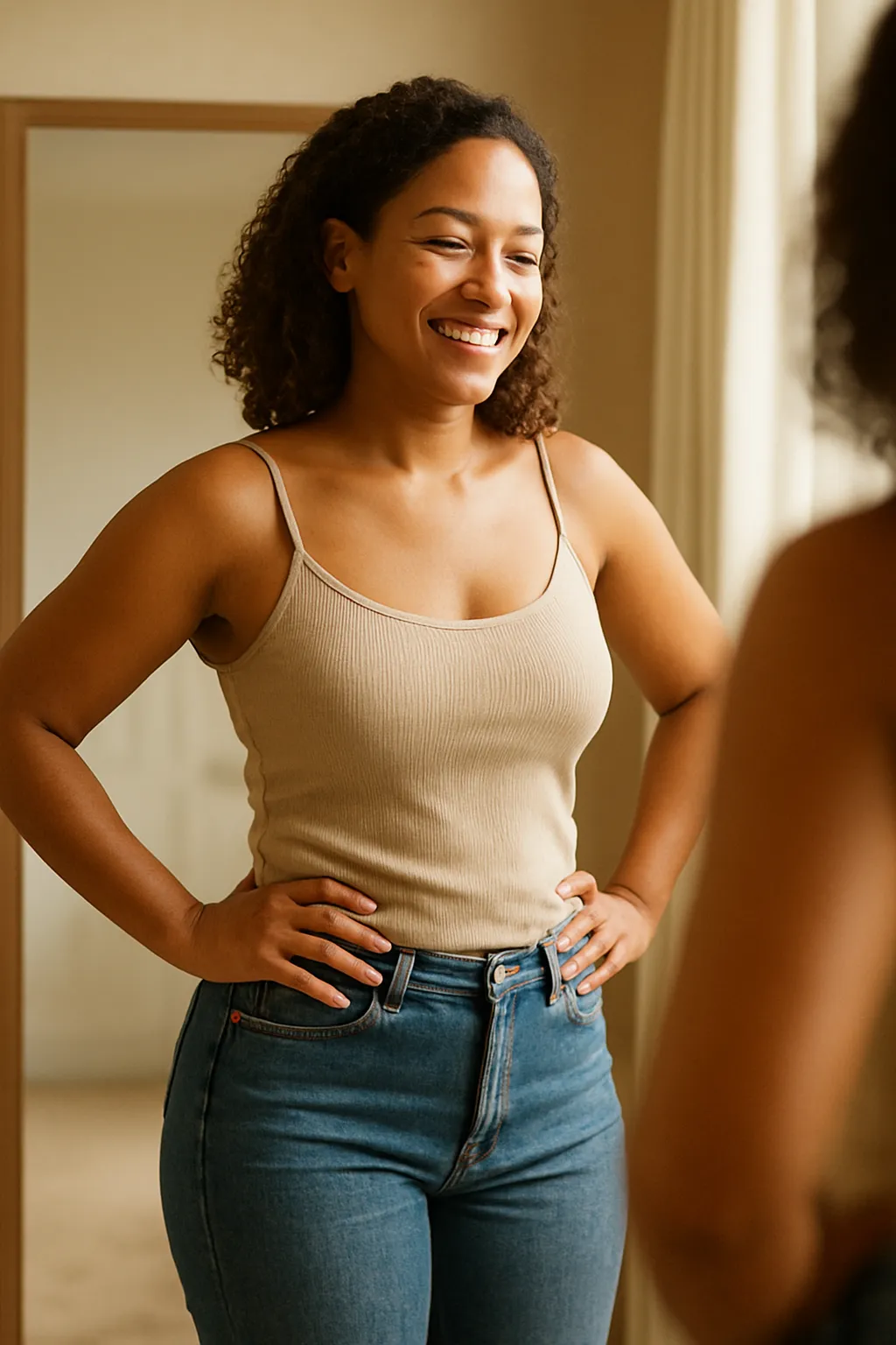 Young postpartum woman smiling while trying on a fitted dress, conveying restored confidence, improved fit, and intimacy after a mommy makeover