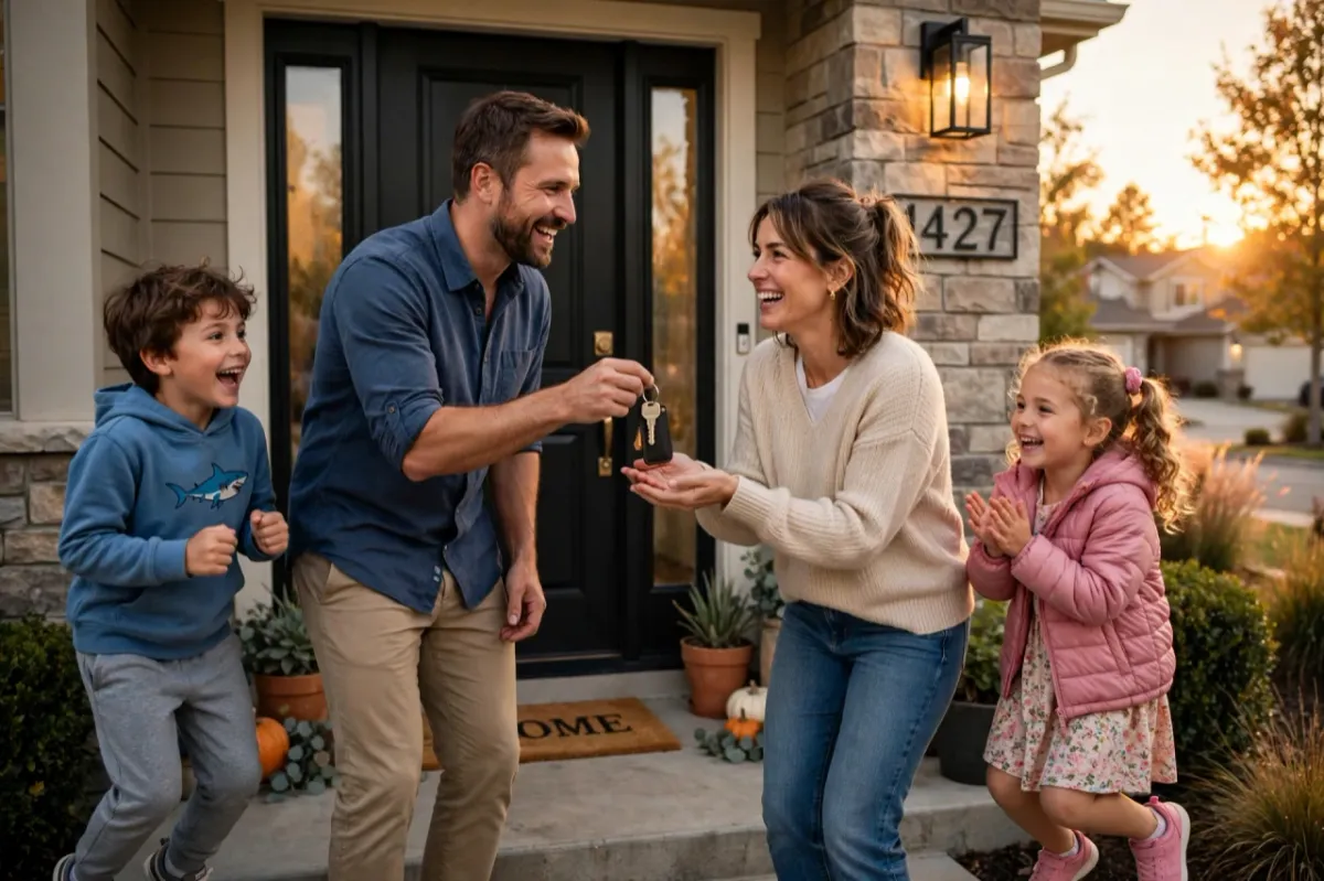Happy family receiving house keys at their new front door
